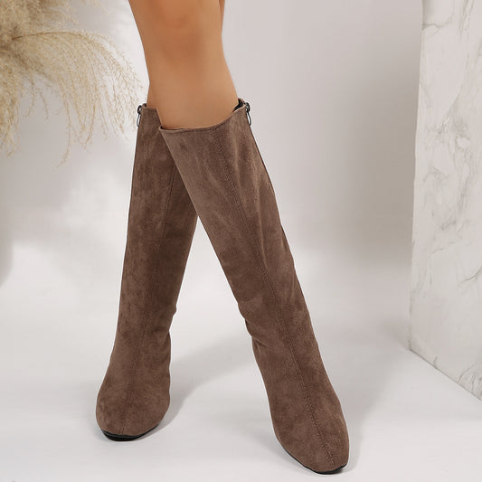 Wide Pointed Toe Chunky Heel Below The Knee Long Boots Shoe