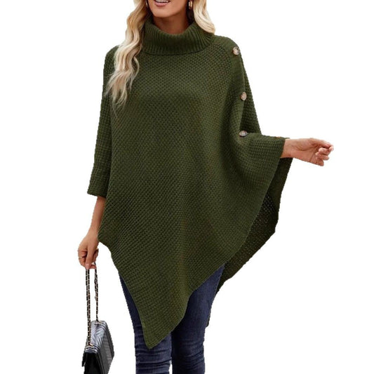 Turtleneck Irregular Loose Casual Button Cape Style Plus Size Women's Sweater