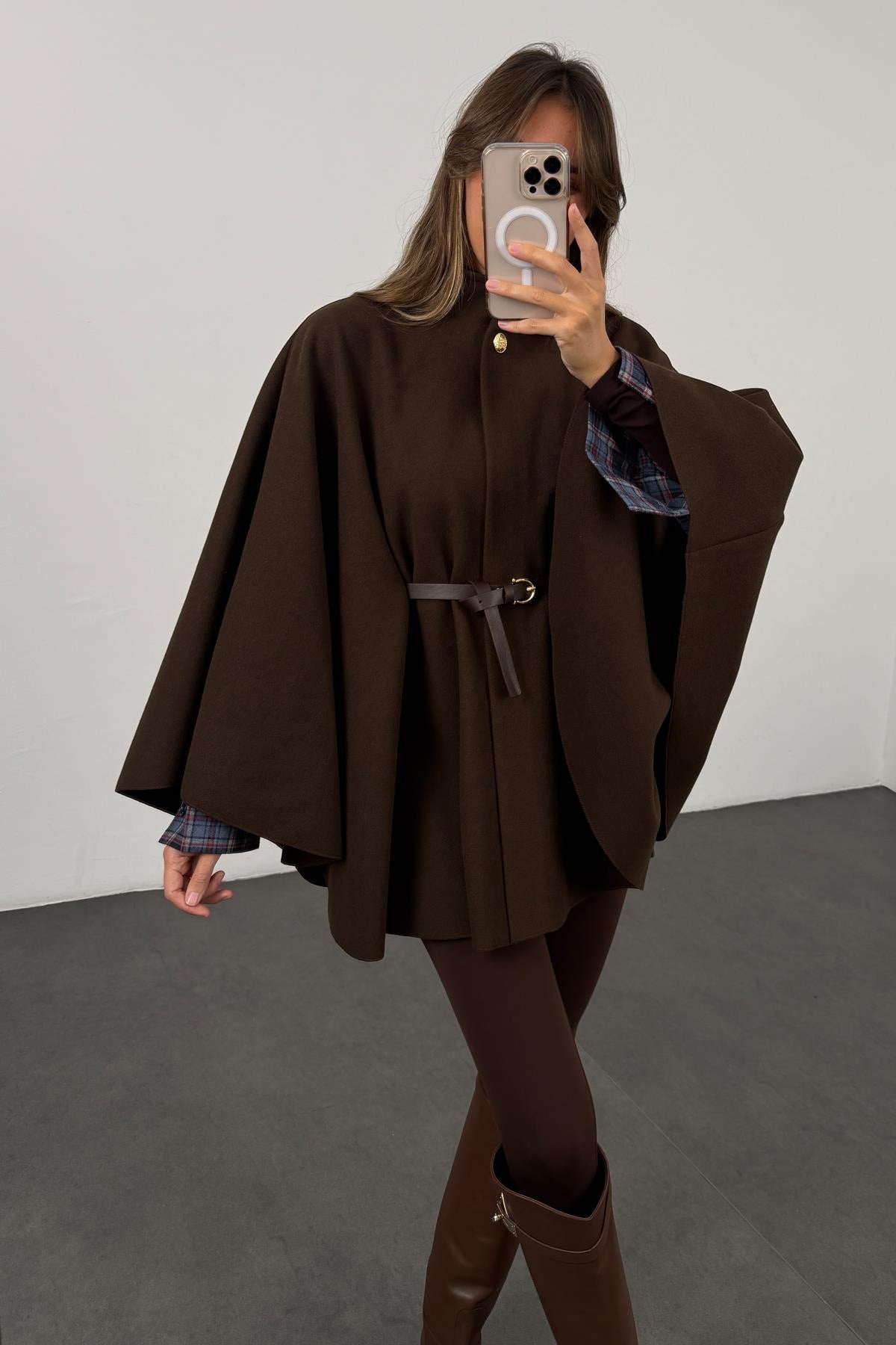 Winter Elegant Style Solid Color Waist Tight Woolen Cape Coat Mid