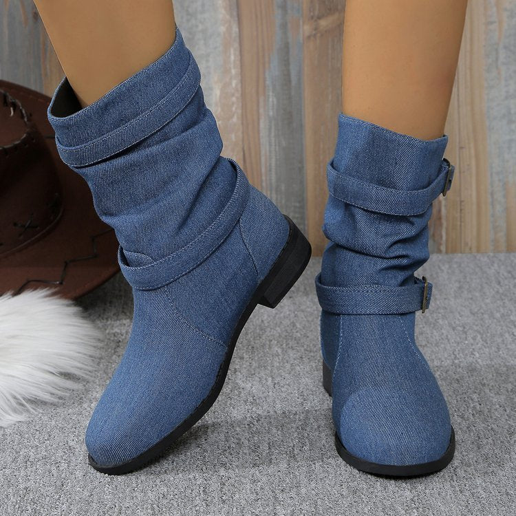 Square Heel Round Toe Women's Denim Leather Boots  Shoe
