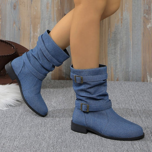 Square Heel Round Toe Women's Denim Leather Boots  Shoe