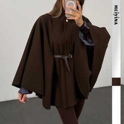 Winter Elegant Style Solid Color Waist Tight Woolen Cape Coat Mid-lengthX