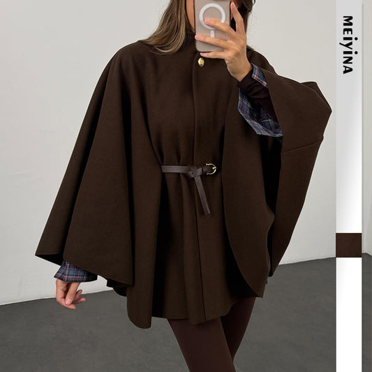 Winter Elegant Style Solid Color Waist Tight Woolen Cape Coat Mid-lengthX