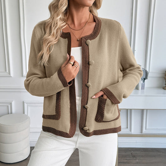 Contrast Color Knitted Cardigan Women's Sweater Coat