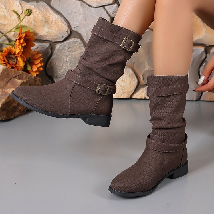 Square Heel Round Toe Women's Denim Leather Boots  Shoe
