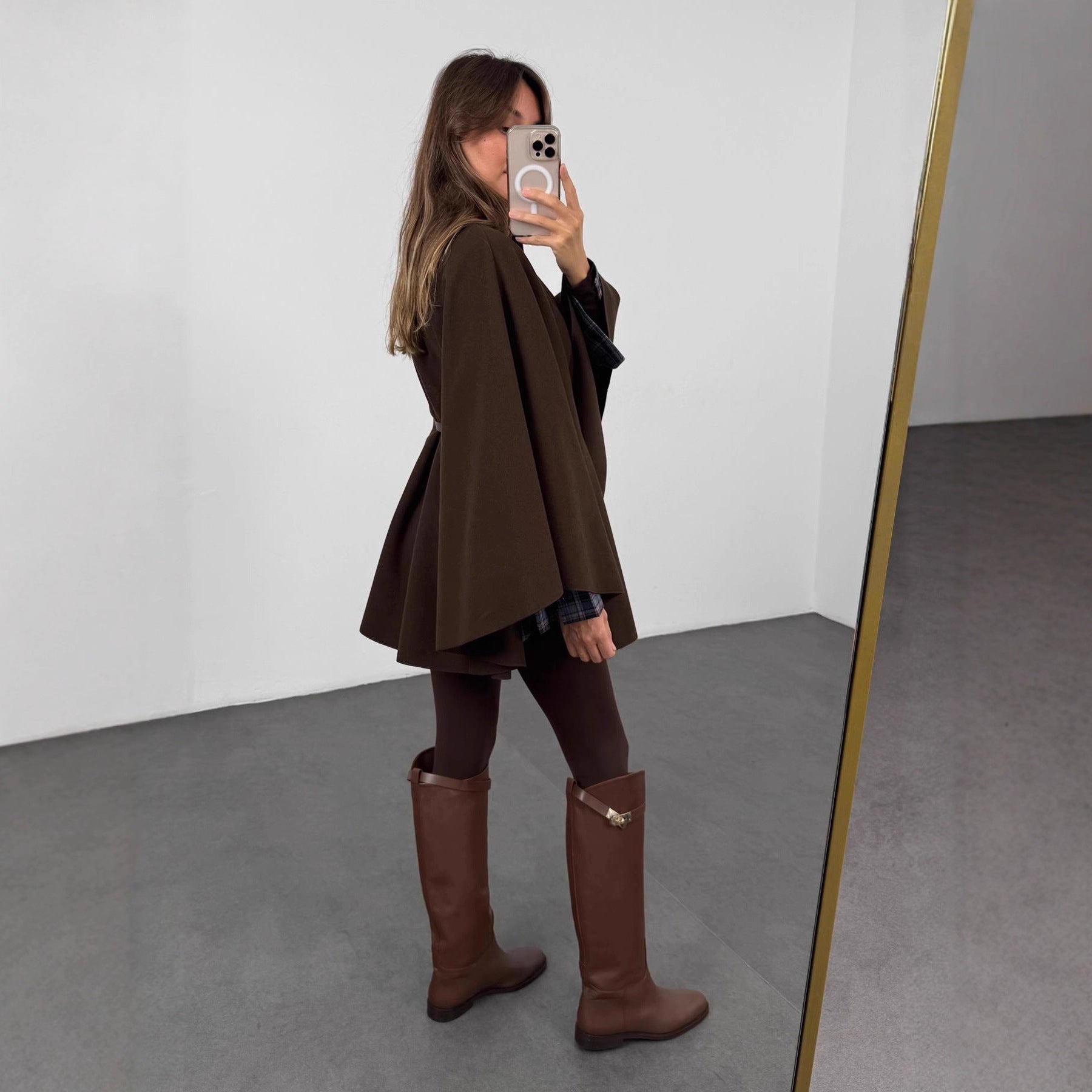 Winter Elegant Style Solid Color Waist Tight Woolen Cape Coat Mid