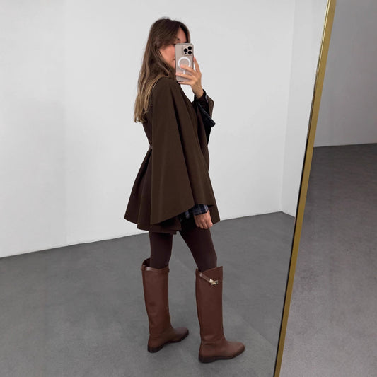 Winter Elegant Style Solid Color Waist Tight Woolen Cape Coat Mid-lengthX